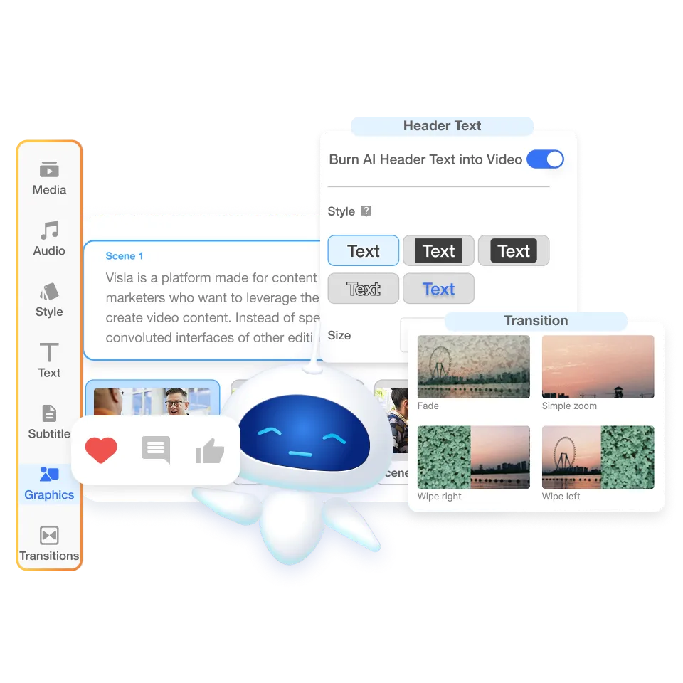 Edit a festive holiday video scene by scene in Visla using the Scene-Based Editor to swap visuals, add text overlays, and match branding